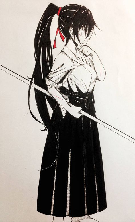 un dessin de style manga représentant une pratiquante d'Aïkido, bâton en main. Elle est en pleine réflexion.
